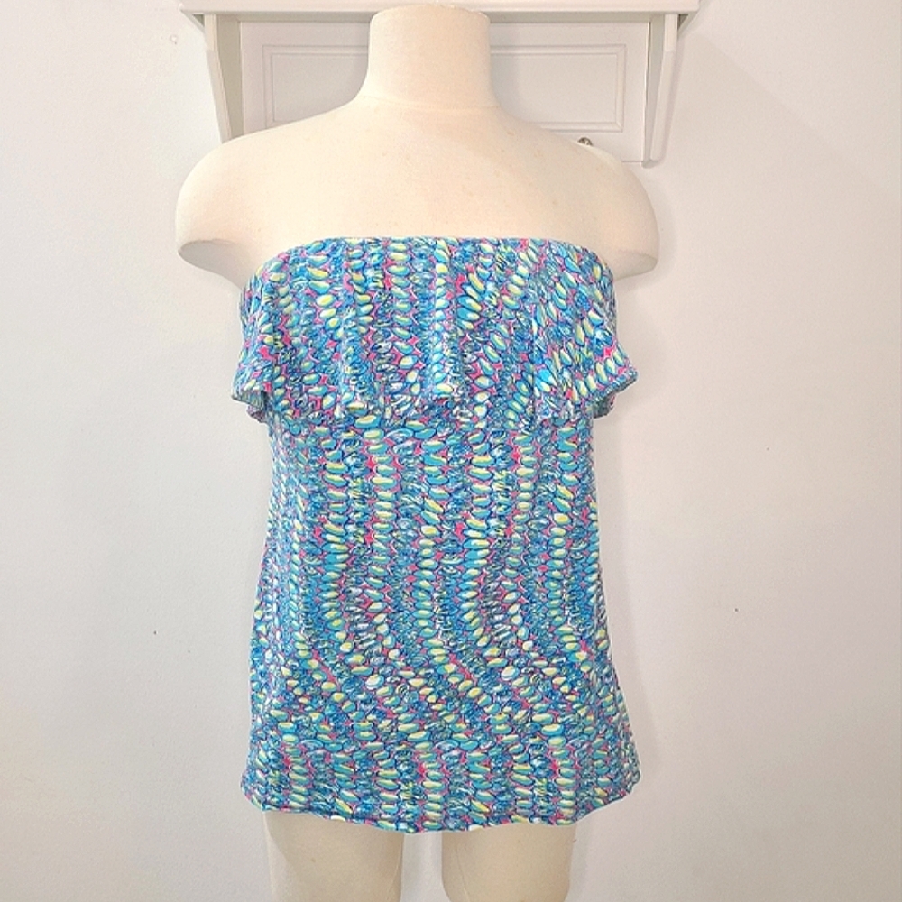 Lilly Pulitzer 100% Cotton Wiley Strapless Top in Blue Multi Clam Jam Sz M - Picture 3 of 12